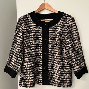 CHICO’s cotton and rayon round neck button up black & cream blazer with appliqué